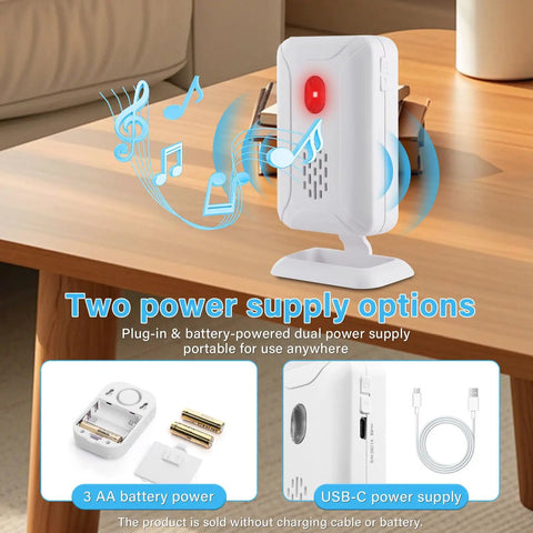 5-In-1 Wireless Door Alarm Chime With LED Lights And Welcome Doorbell on table, dual power options, USB-C and AA batteries