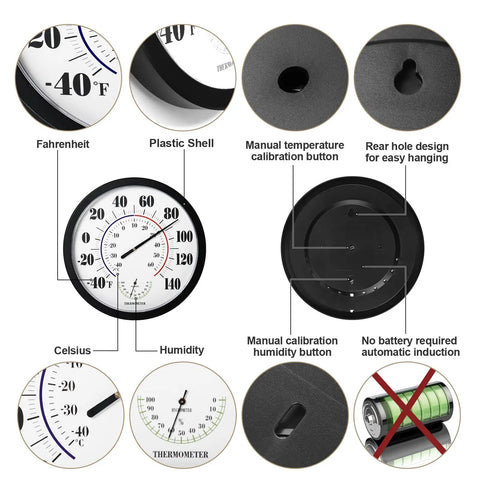 10 Inch Indoor Outdoor Thermometer With Large Readout No Battery Needed Calibrates Automatically In About 3 Hours Built In Temperature And Humidity Sensor For Home Garden Patio And Outdoor Decor Black, front and back