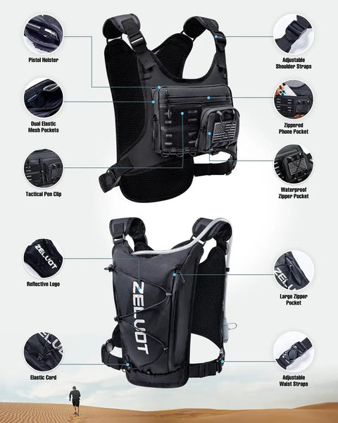 Hydration Running Vest With 2L Bladder, Lightweight Chest Pack, 3 Waterproof Front Pockets, Reflective Safety Gear Holder