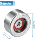 Angled front view of a silver metal automotive idler pulley with red inner bearing seal, 7 cm diameter and 1 cm bore