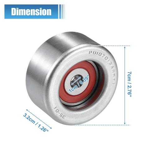 Angled front view of a silver metal automotive idler pulley with red inner bearing seal, 7 cm diameter and 1 cm bore