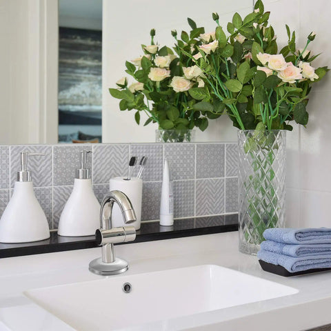 Built Tough 304 Stainless Steel Escutcheon Plates Set Of 12 Slick Pipe Rings Heat Resistant Quick Install on a bathroom sink.