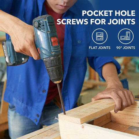 Person using drill with Pocket Hole Screws Eight By One And A Half Inch Zinc Coarse Thread Wood Screws Bulk Pack Of Three Hundred With Washer Head And Square Drive Plus One Hundred Fifty Millimeter Drive Bit Included for woodworking joints.