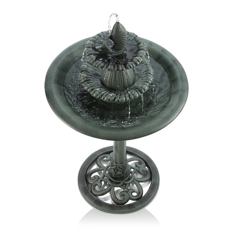 Outdoor 3 Tier Pedestal Water Fountain With Vintage Birdbath Accent In Green, Ideal Garden Decor For Patio And Backyard