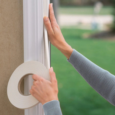 Applying Self Adhesive Foam Weatherstrip Seal For Large Gaps 3/4 Inch By 3/8 Inch By 10 Feet White on door to keep drafts out