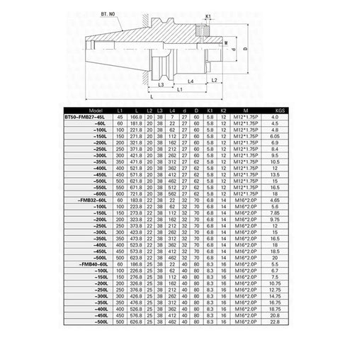 Rock Solid BT50 CNC Collet Head Extension Tool Holder For Milling And Grinding Machines dimensions and specifications chart