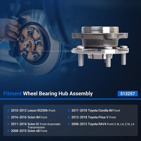 2 Pack Front Wheel Bearing And Hub Assembly 513257 For Toyota RAV4 Prius V Corolla iM Scion tC xB Lexus HS250h shown with fitment details.
