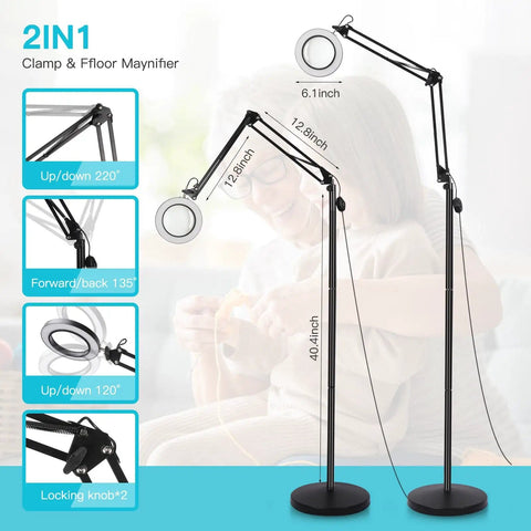10X Magnifying Floor Lamp With Light And Stand, fully extended, showcasing adjustable height from 31.5 to 70.9 inches with clamp base.