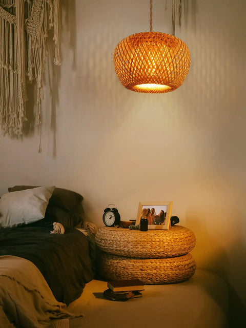 Plug In Pendant Light With Handwoven Bamboo Shade, Double Layer Boho Wicker Rattan Hanging Lamp over bedside with dim glow