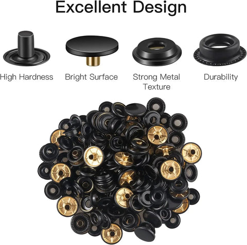 18 Sets Snap Fastener Kit 15mm Metal Snaps For Leather Bags Jeans Clothes And Fabric Black Great For Bag Making And Garment Repairs With Easy To Install Tools DIY Ready, black and gold metal snaps