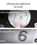 Comparison of 2.25x and 10x magnification showing a Sudoku puzzle, illustrating Desk Magnifier Lamp 2.25x With LED Light for Reading