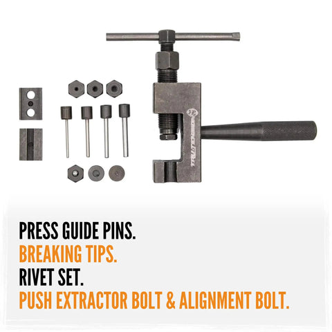 Link Monkey Motorcycle Chain Breaker And Riveting Tool set with breaking tips, rivet set, hardened steel components displayed.