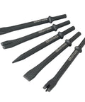 Set of five durable steel bits from Air Hammer Chisel Set 7 Inch Cutting Kit In Portable Tool Roll for demolition and metalworking.