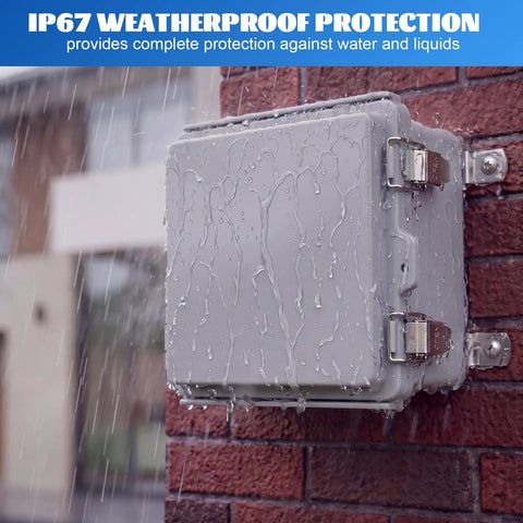 Premium Four Pack Waterproof Electrical Junction Box Outdoor IP67 Plastic Weatherproof Enclosure Gray on a brick wall with rain.