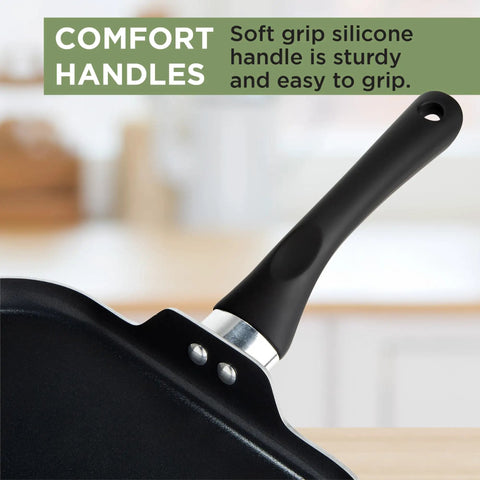 Close-up of comfort handle on Nonstick Square Griddle Pan With Easy To Clean Surface And Stay Cool Handle Even Heat Distribution.