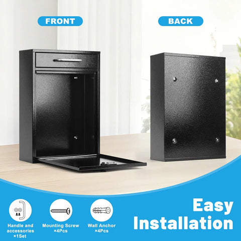 Front and back view of Built Tough Steel Outdoor Mailbox With Combination Lock Wall Mount Security Drop Box, black finish.