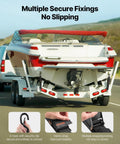 Beefed Up Heavy Duty Boat Trailer Transom Straps 2 Pack, 2In X 24In Adjustable Tie Downs securing boat on trailer