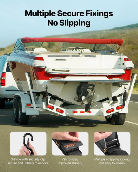 Beefed Up Heavy Duty Boat Trailer Transom Straps 2 Pack, 2In X 24In Adjustable Tie Downs securing boat on trailer