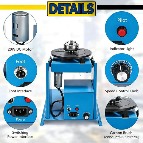 Heavy Duty Portable Welding Positioner Turntable With Foot Pedal Control And 65mm Chuck; features detailed close-up of components.
