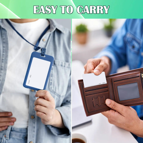 Two images showing Writable 26-Bit CR80 Proximity RFID Cards 125KHz Weigand Prox Blank ISOProx 1386 1326, one in holder, one in wallet