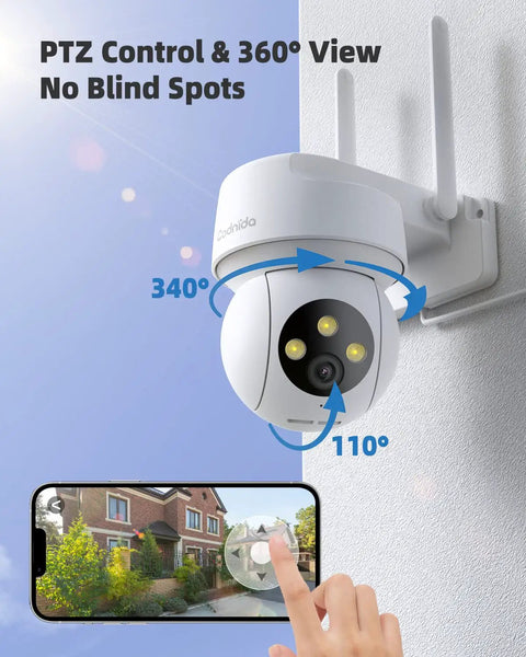 Outdoor PTZ Security Camera With 360 View, 2K pan tilt dome surveillance installed on wall showing mobile app interface.