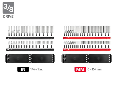 All In One 214 Piece Socket Set With Rails And Tray, Shows 3/8 Inch Drive Sockets in SAE and Metric, Trays and Rails Displayed
