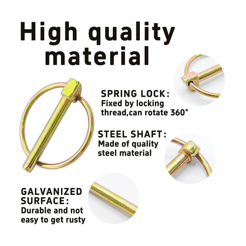 Six Piece 6mm Lynch Pin Assortment Kit with retaining rings, showing spring lock, steel shaft, and galvanized surface.