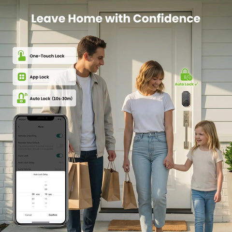 Family using Super Smart Fingerprint Door Lock For Front Entry with keyless features at home entrance.