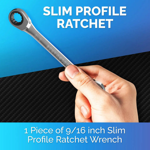 Close-up of 9/16 inch Ratcheting Wrench With Slim Profile Nine Sixteenth Inch, Chrome Vanadium Build for auto repair