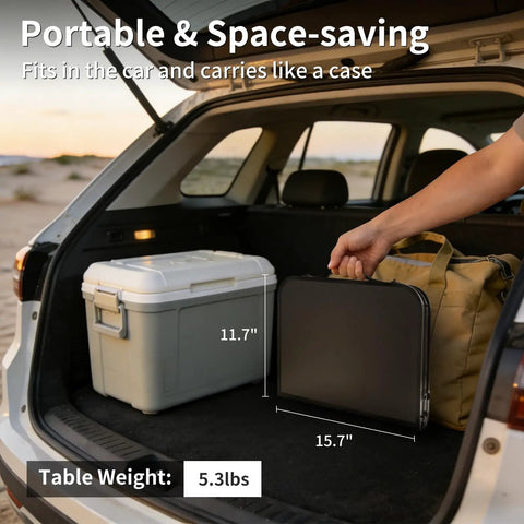 Ultra Portable Camping Table With Aluminum Frame, Lightweight 4.85 Lb Design, shown folded in car trunk next to cooler