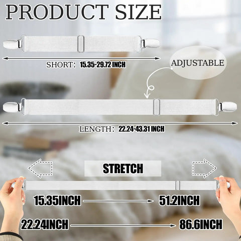 20 Pcs Hidden Strap Tablecloth Clips Set Adjustable Elastic Table Cloth Holders with sizes and adjustable range shown.