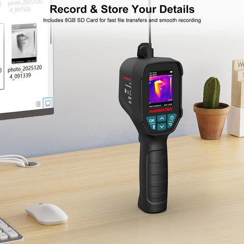 Thermal Imager With TISR 240 By 240 For Pro Grade Sharper Detail 96 By 96 VOx Sensor, shown on a desk next to a computer monitor.