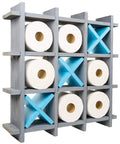 Gray Wooden Toilet Paper Holder With Tic Tac Toe Shelves for Wall Mount or Freestanding Bathroom Tissue Organizer
