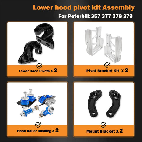 Lower Hood Pivot Kit, Pivot Bolt Kit, Upper Pivot Bracket Kit For 377 378 379 Trucks Replacement M134708R M134708L assembly overview