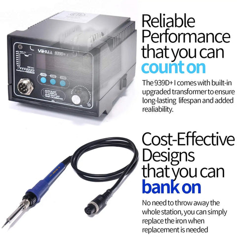 Upgraded 939D I Soldering Station Pro Grade 75W Equivalent with soldering iron and LCD display, highlighting reliability and cost-effectiveness