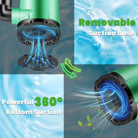 1 HP Submersible Sump Pump With 3981 GPH Flow showing removable suction base and 360-degree bottom suction mechanism