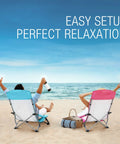 Two people relaxing in Low Seat Beach Chair With Mesh Back And Cup Holder Lightweight Foldable Camping Chair For Beach And Picnic at oceanfront