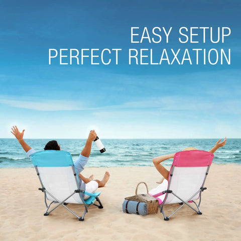 Two people relaxing in Low Seat Beach Chair With Mesh Back And Cup Holder Lightweight Foldable Camping Chair For Beach And Picnic at oceanfront