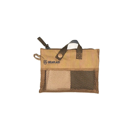 Packable Micro-Terry Washcloth Kit For Travel With Two 10x10 Cloths In OD Green And Sand in compact mesh carrying case