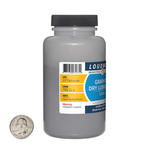 Front view of a bottle of Graphite Powder 1 Pound Split Into Four Bottles 99.9 Percent Pure Military Grade 44 Micron Fine Carbon
