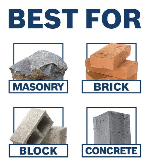 Visual guide showing materials: masonry, brick, block, concrete for Speed-X SDS-Max Carbide Rotary Hammer Bit For Concrete Drilling