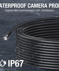 50Ft Dual Lens Endoscope With Light For Drain Snakes, IP67 Waterproof Borescope Camera For Sewer Pipe Inspection, 15M Long Flexible Probe, A Solid DIY Plumbing Tool coiled in water with lit camera tip
