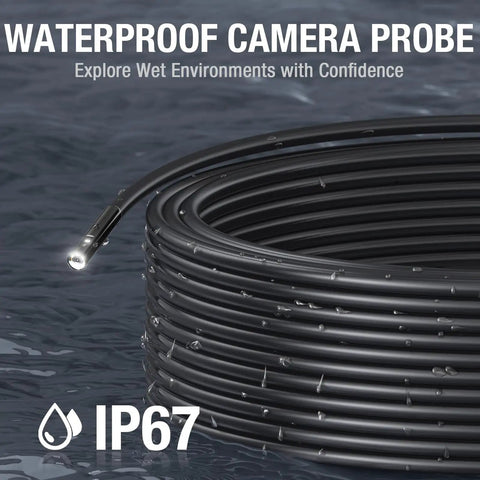 50Ft Dual Lens Endoscope With Light For Drain Snakes, IP67 Waterproof Borescope Camera For Sewer Pipe Inspection, 15M Long Flexible Probe, A Solid DIY Plumbing Tool coiled in water with lit camera tip