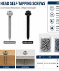 Product display of Pack Of 100 Hex Washer Head Self Tapping Wood Screws No 8 Size 1-1/2 Inch Phillips Drive Built Tough Corrosion Resistant Black Finish For Quick Easy Secure Wood Projects