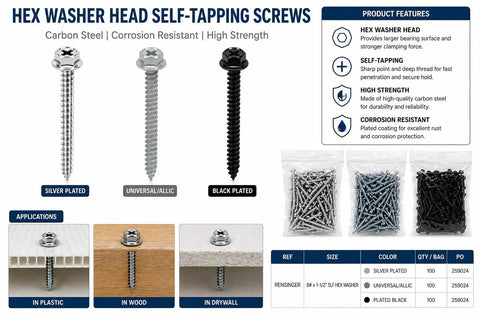 Product display of Pack Of 100 Hex Washer Head Self Tapping Wood Screws No 8 Size 1-1/2 Inch Phillips Drive Built Tough Corrosion Resistant Black Finish For Quick Easy Secure Wood Projects