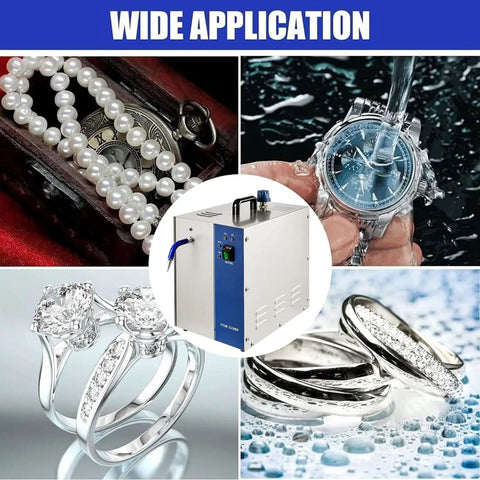 Pro Level Jewelry Steam Cleaner That Crushes Tough Grime On Gold And Silver Rings With Foot Pedal Control 4L Stainless Steel Gem Washer in use with various jewelry.