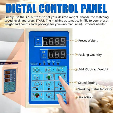 Heavy Duty Automatic Powder Filling Machine 1 To 500 Grams digital control panel displaying weight settings and functions.