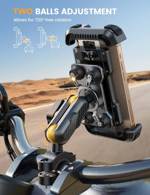 Motorcycle Phone Mount With Metal Extension Arm And Dual Vibration Dampeners For 4.7 To 6.7 Inch Phones installed on handlebar