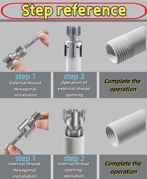 "Dual Function PVC Pipe Threader Kit For DIY Pros With Internal And External Threading All In One Pipe Threading Tool Includes Three Die Set For One Half, Three Quarter, And One Inch Pipes Perfect Handy Home Plumbing Repair Kit step guide"