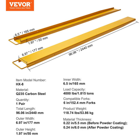 Side view of VEVOR forklift extensions, 96 in long, inner width 6.5 in, carbon steel, yellow, pair.